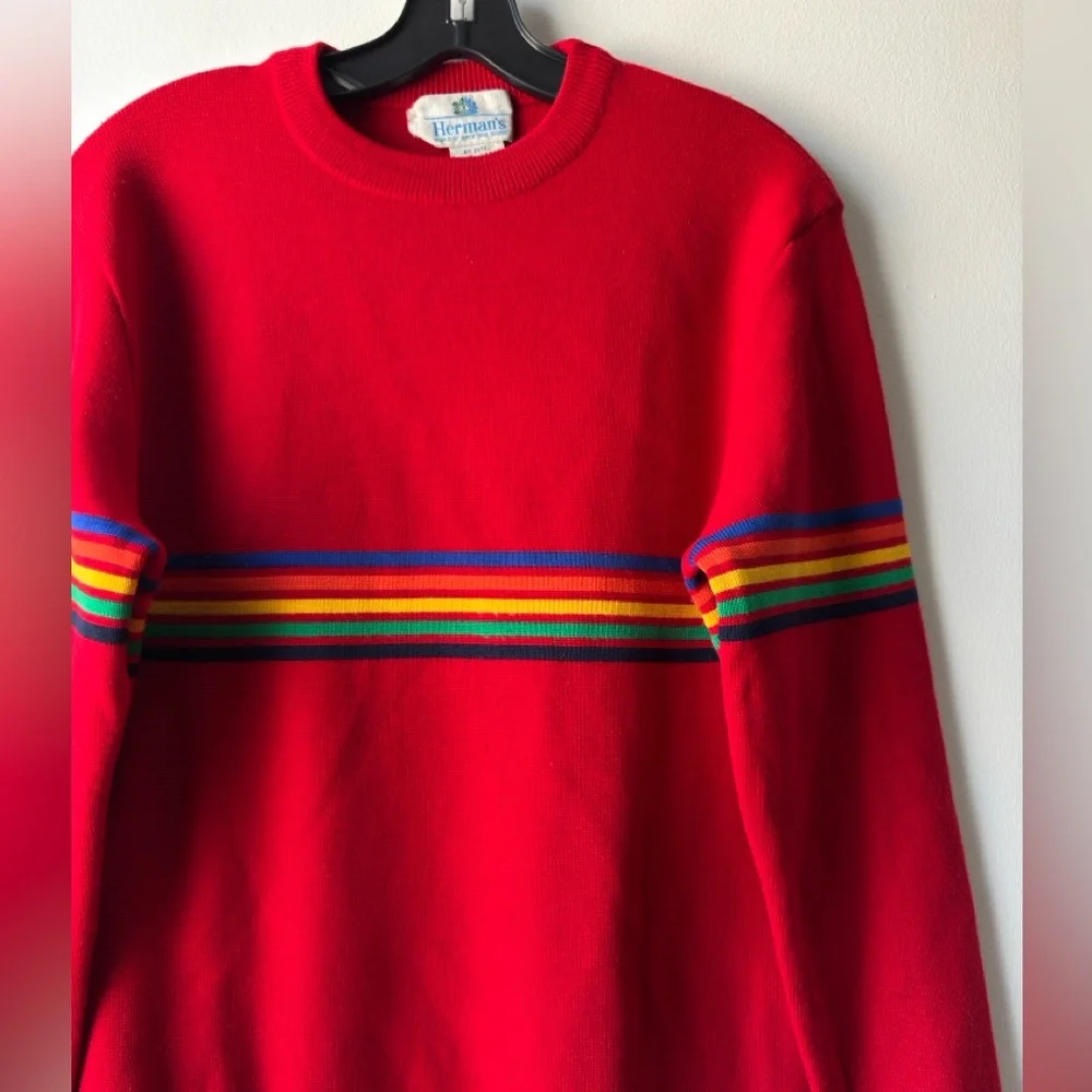 Vintage Herman’s Wool Red Sweater with Multicolor Stripes